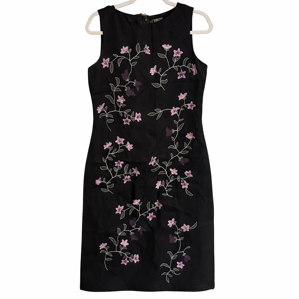 Vintage 100% Silk Harold’s 90’s Y2K Floral Embroidered Black Dress Size 6